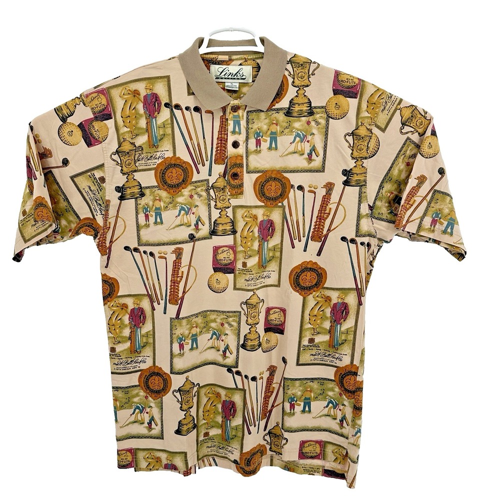 Vintage Links Edition Polo Shirt Mens XL 100% Cotton Golfer Clubs All Over Print